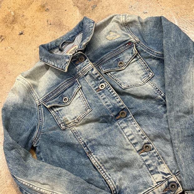 [정품/XS] 타미힐피거 데님 청자켓 데미지 워싱 b8