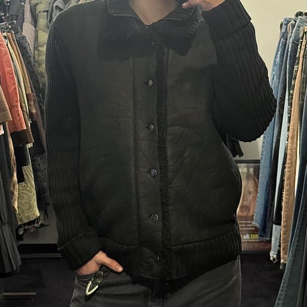 아르마니 블랙 레더 가죽 스웨터 니트 하이넥 가디건 집업 락 고스펑크