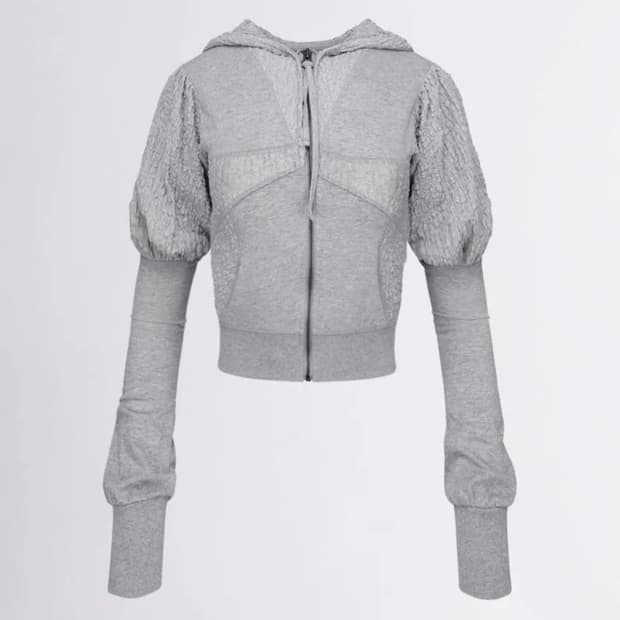 Puff Sleeve Zip-Up Hoodie Melange Gray