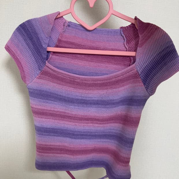 미사용 퍼플 크롭 반팔 니트