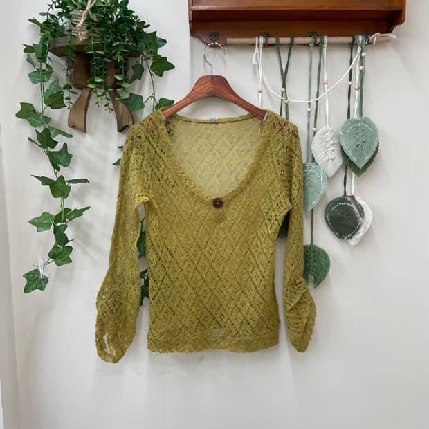 겨자 소매 아일릿 그물 니트 