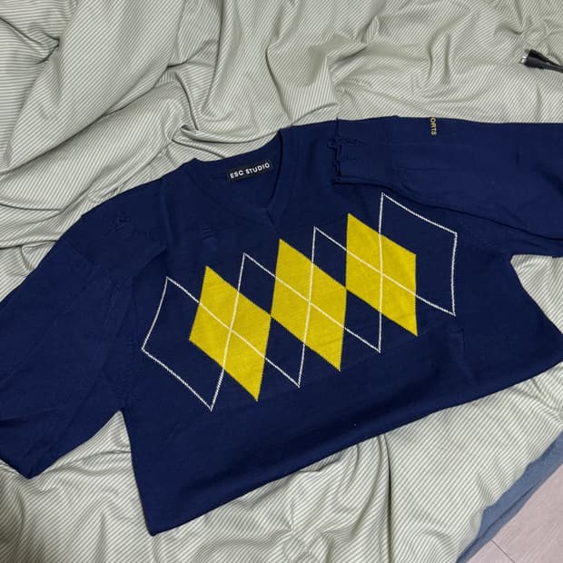 esc studio 브이넥 데미지 아가일 니트