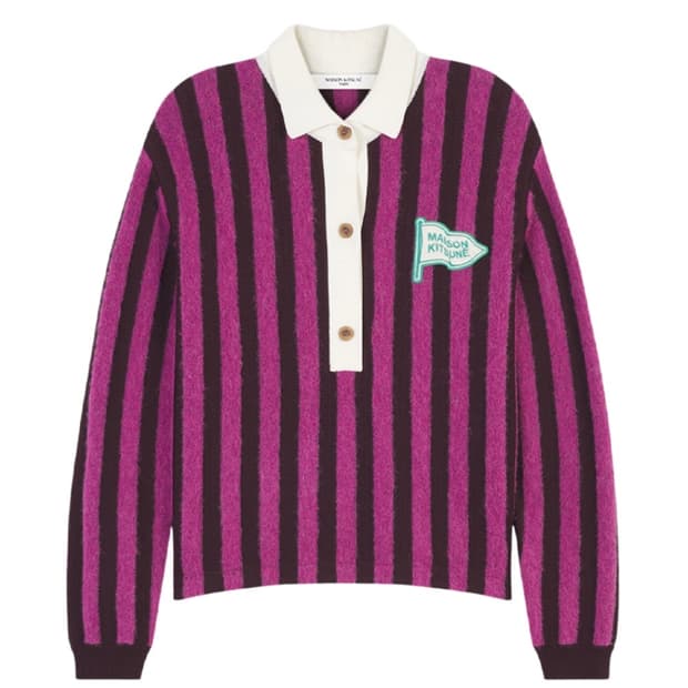메종 키츠네 스트라이프 폴로 푸시아 블랙 스트라이프