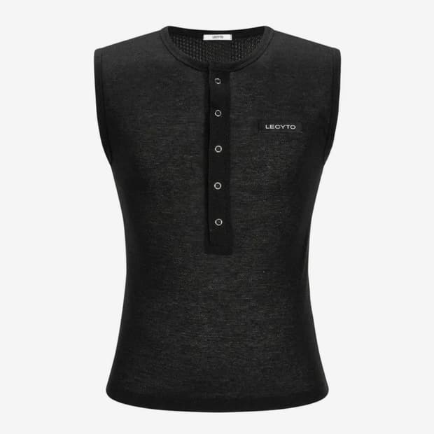 Henley Neck Slim Sleeveless [BLACK]