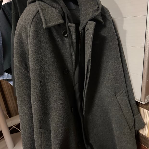 준지 울 캐시 후드 레이어드 미디 코트 - 그레이