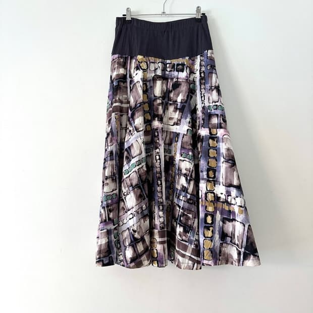 Banded art print long skirt