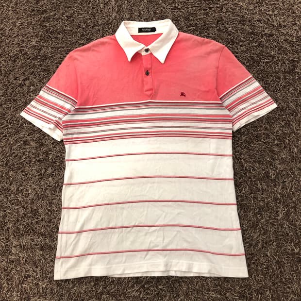 버버리 블랙라벨 핑크 스트라이프 카라 반팔 티셔츠