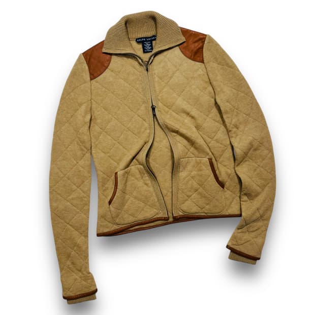 폴로 랄프로렌 브라운 가죽 패치 투웨이 캐시미어 퀼팅 누빔 자켓