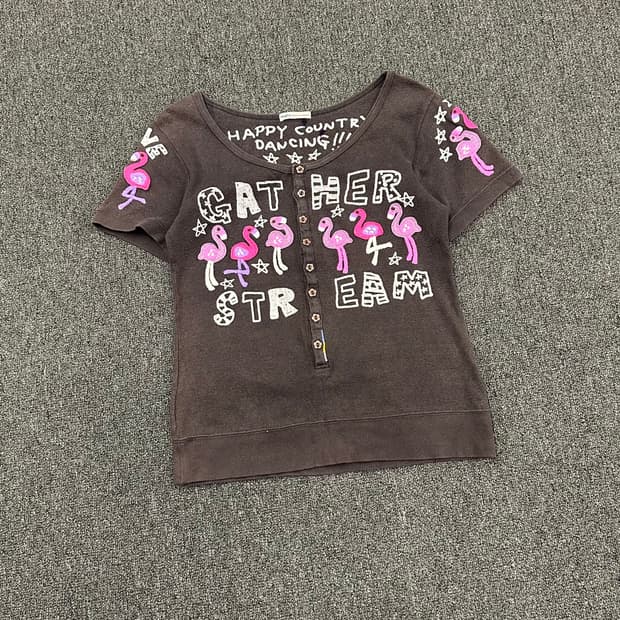 OS)rough vintage 여성 플라밍고 패치 반팔