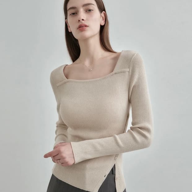 몽돌 사선 골지 니트 베이지S