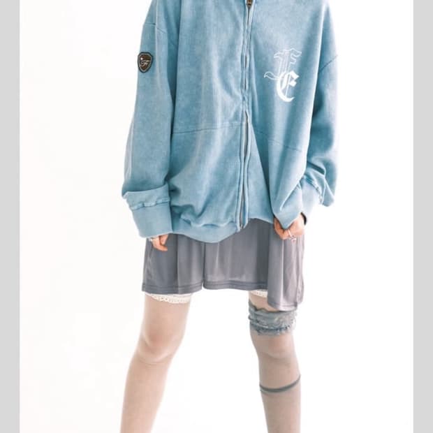 color washing waffle zip-up (sky blue)
