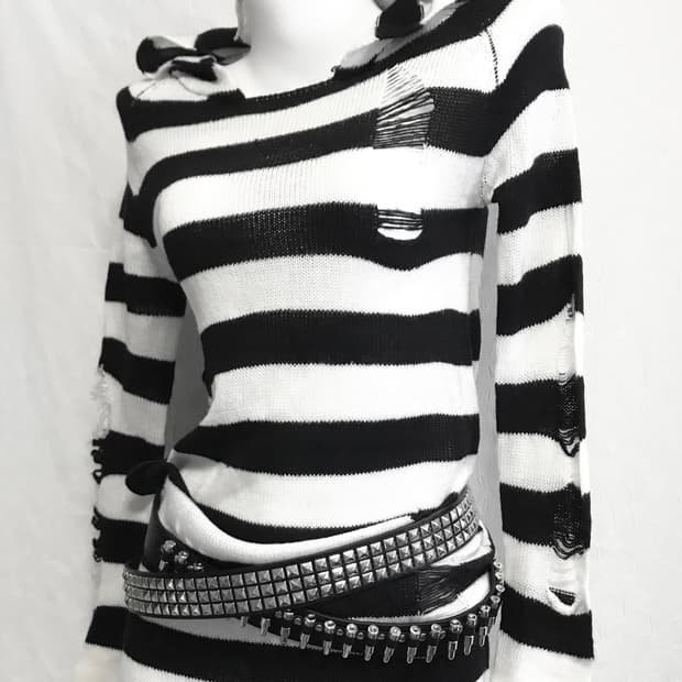 빈티지 펑크 데미지 스트라이프 후드 니트 원피스