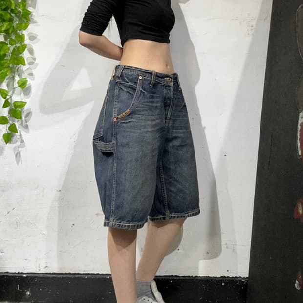 빈티지 329 진청 와이드 데님 버뮤다 팬츠 카펜터 힙합 새깅 반바지 