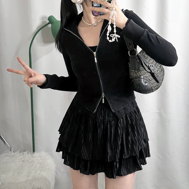 블랙 레이스 투웨이 집업 자켓