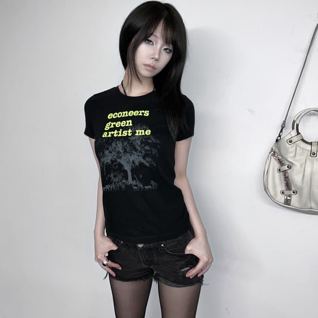 에코 프린트 슬림 그래픽 티셔츠