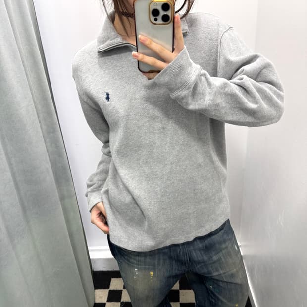 폴로 그레이 반집업 니트