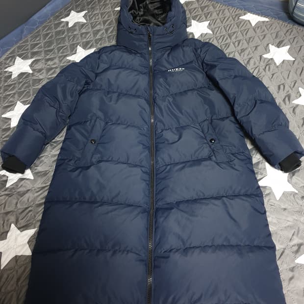 게스 오버사이즈 오리털 후드 롱패딩 네이비 (XS)