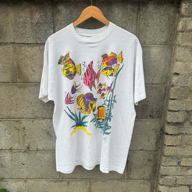 90s 빈티지 물고기 프린팅 싱글스티치 반팔 티셔츠