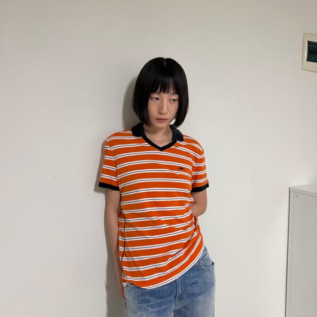 아르마니진스 오렌지 스트라이프 폴로 티셔츠