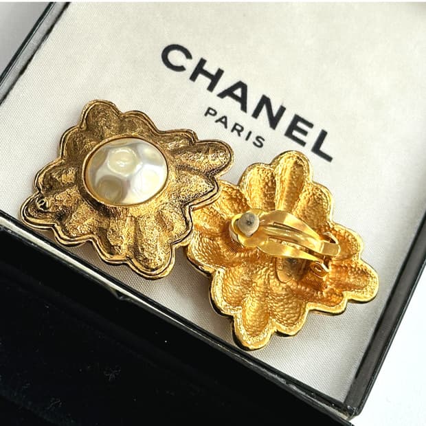 CHANEL 샤넬 빈티지 클립온 이어링 귀걸이 진주 스퀘어 빈티지라인