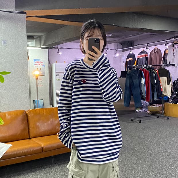 꼼데가르송 더블와펜 스트라이프 네이비 롱슬리브 B4729
