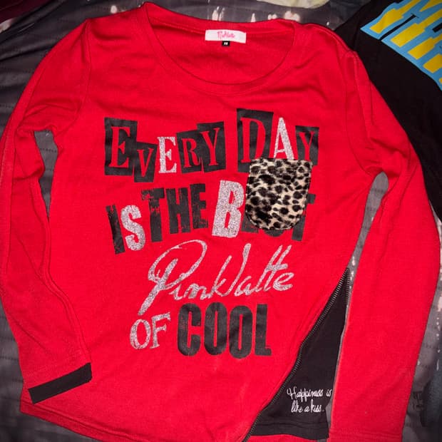 빈티지 갸루 호피 레오파드 레터링 레드 롱슬리브