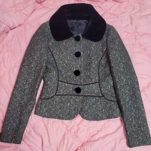 급처상태좋음!잇미샤 디올느낌 카라 벨벳 벨루아 글리터트위드자켓 레니본st