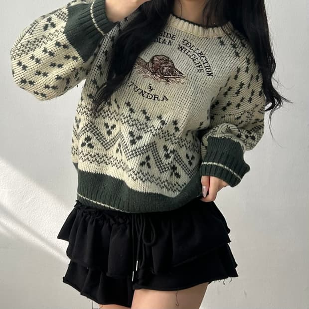 90s 툰드라 made in 캐나다 헤비울 코위찬 니트(M)