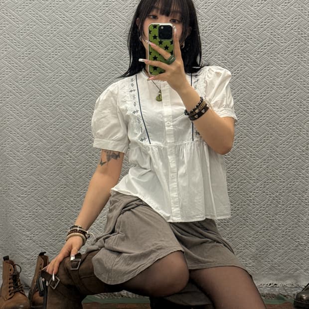 빈티지 러블리 모리 코지 에스닉 자수패턴 퍼프 블라우스 k0136