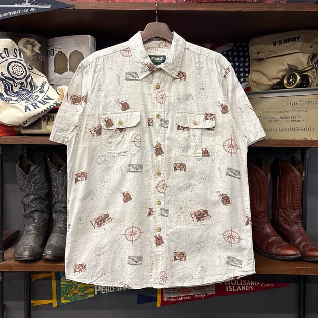 90s VTG 포스티지 스탬프 프린팅 립스탑 코튼 워크셔츠 N2269