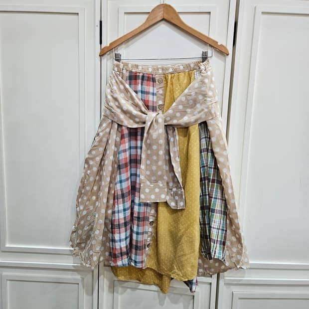 패치워크 도트 체크 롱 스커트