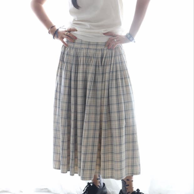 [45rpm] Blue Check Gather Flare Skirt
