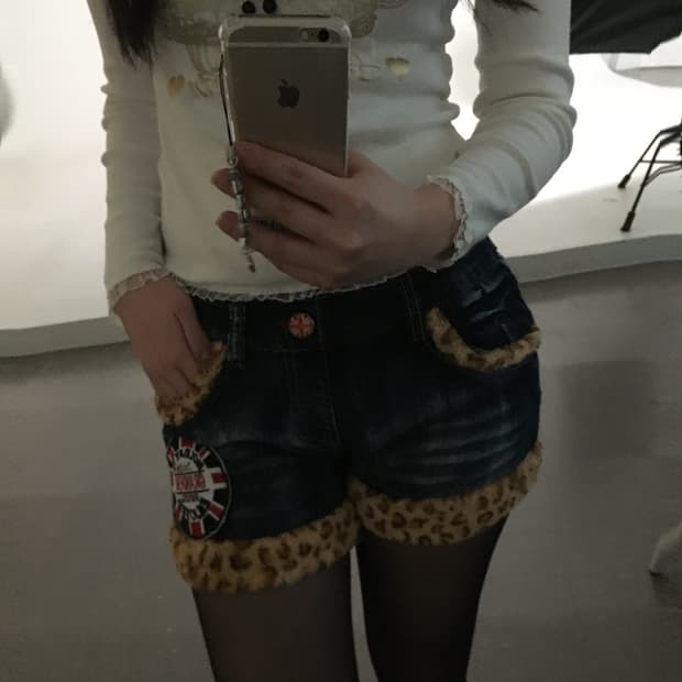leopard fur denim shorts