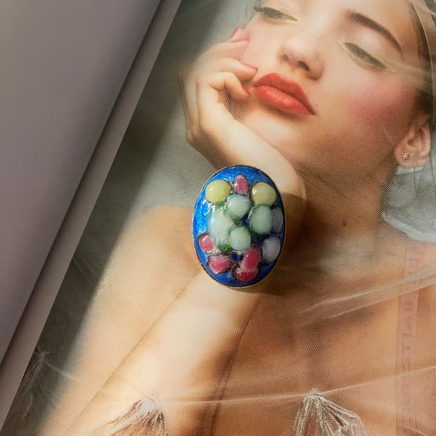 일본 빈티지 오발 에나멜 브로치 원형 주얼리