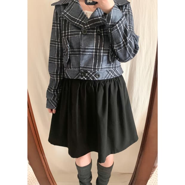 블루 체크 크롭 자켓