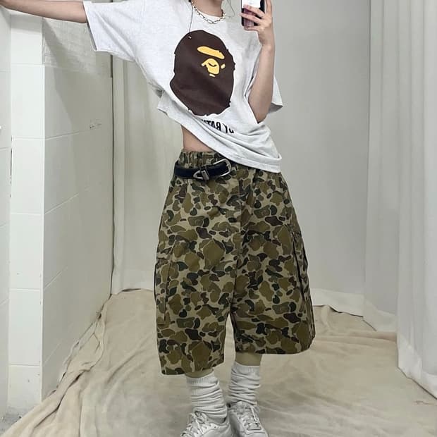 빈티지 카모 카고 와이드 버뮤다 팬츠