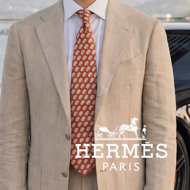 에르메스 실크 오렌지&베이지 양 패턴 넥타이 8.5cm B등급 K783
