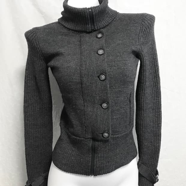 빈티지 아르마니 익스체인지 메리노 울 하이넥 버튼 집업 니트 가디건