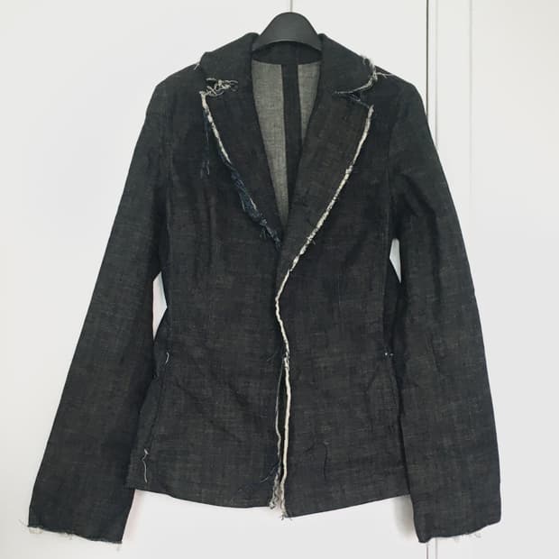 Frayed collar denim open blazer
