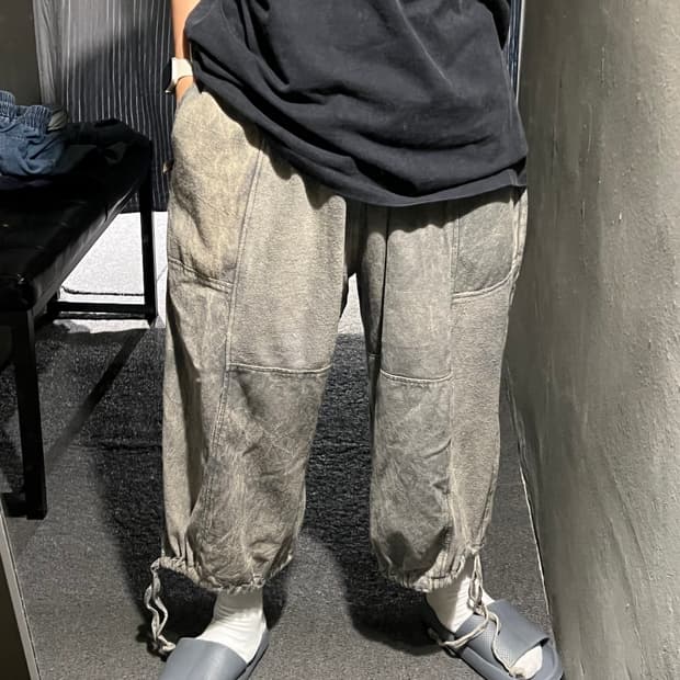 빈티지 그레이 워싱 절개 빅포켓 그런지 밴딩 코튼 8부 면바지 벌룬팬츠