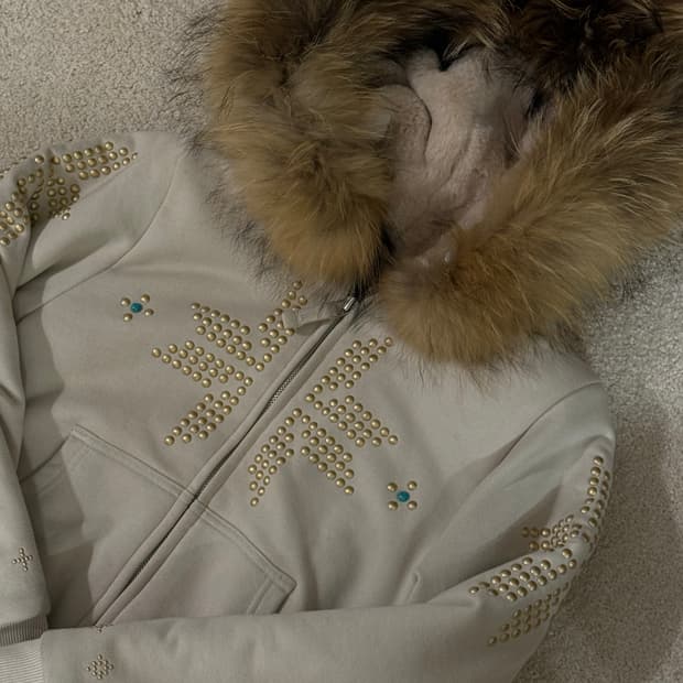 Fur Trimming Hooded Zip-Up Dirty White