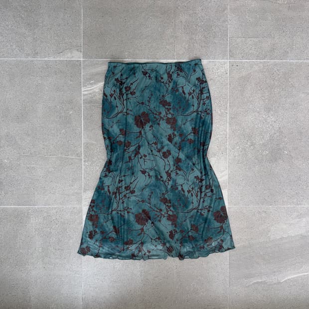 Blue green tie dye oriental floral skirt