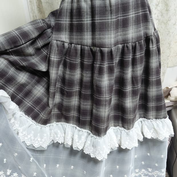 [핸드메이드] 체크 레이스 롱 스커트