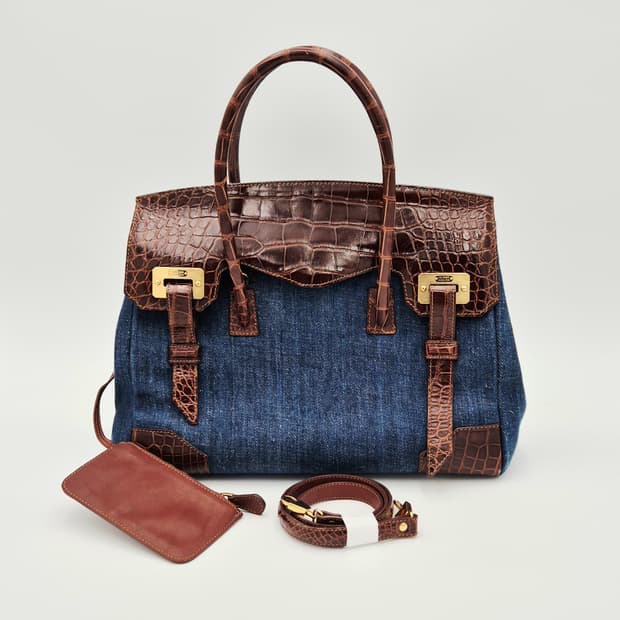 콜롬보 크로커다일 데님 믹스 토트백