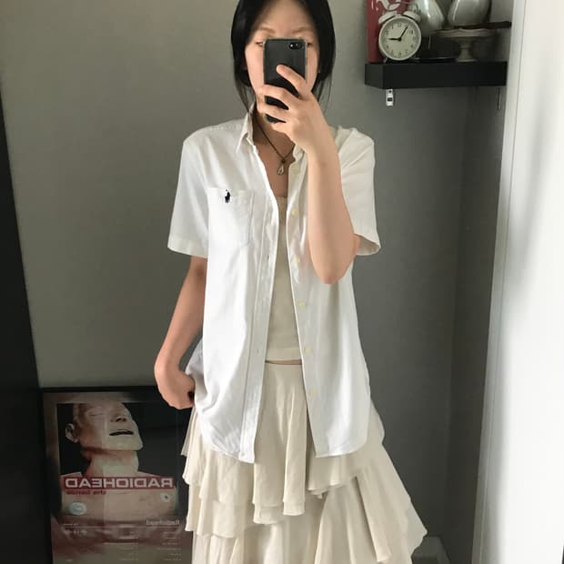 폴로 랄프로렌 포니 로고 포켓 화이트 반팔 셔츠