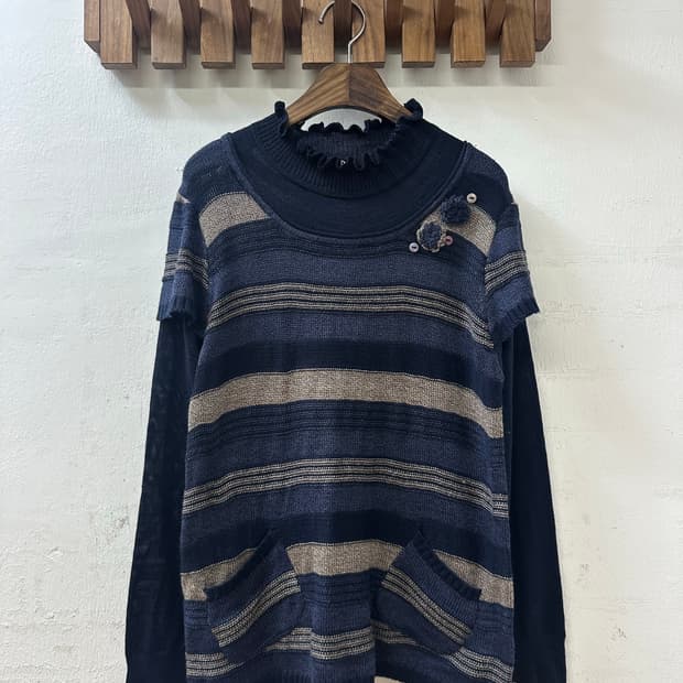 일본빈티지 모리걸 자수 니트 탑 레이어드 탑 티셔츠