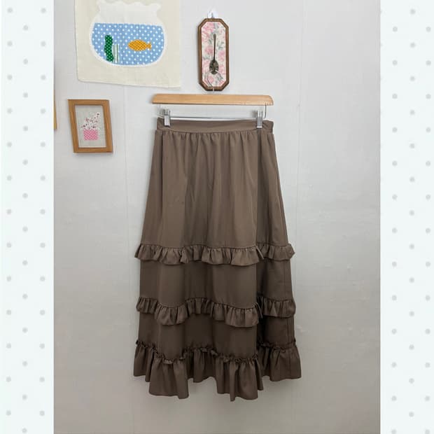 브라운 프릴 캉캉 롱 스커트