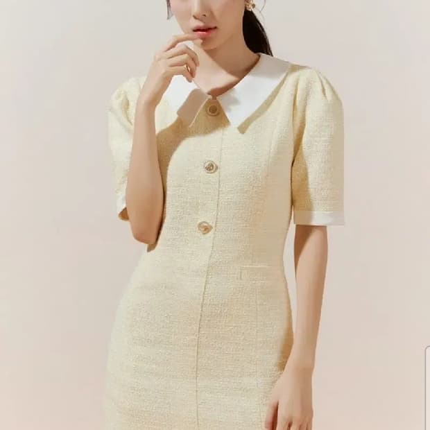 로엠 트위드 배색 카라 원피스 옐로우 M
