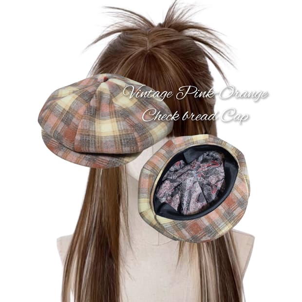 Vintage Pink-Orange Check bread Cap