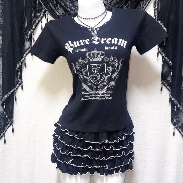 y2k 와투케 고스 펑크 갸루 레터링 펜던트 펀칭 반팔탑 핀터 헤이세이